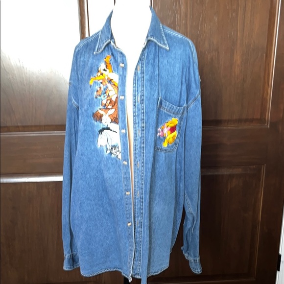 Disney Blue Denim Button Down Shirt with Embroidered Characters - Picture 2 of 5
